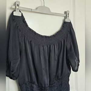 Chic Smoke Gray Smocked Blouse With Ruching Waist Size M